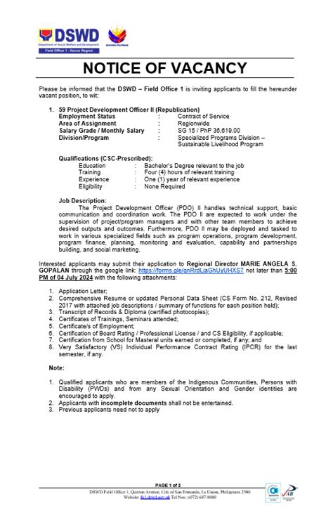 project development officer ii salary grade dswd|NOTICE OF VACANCY .